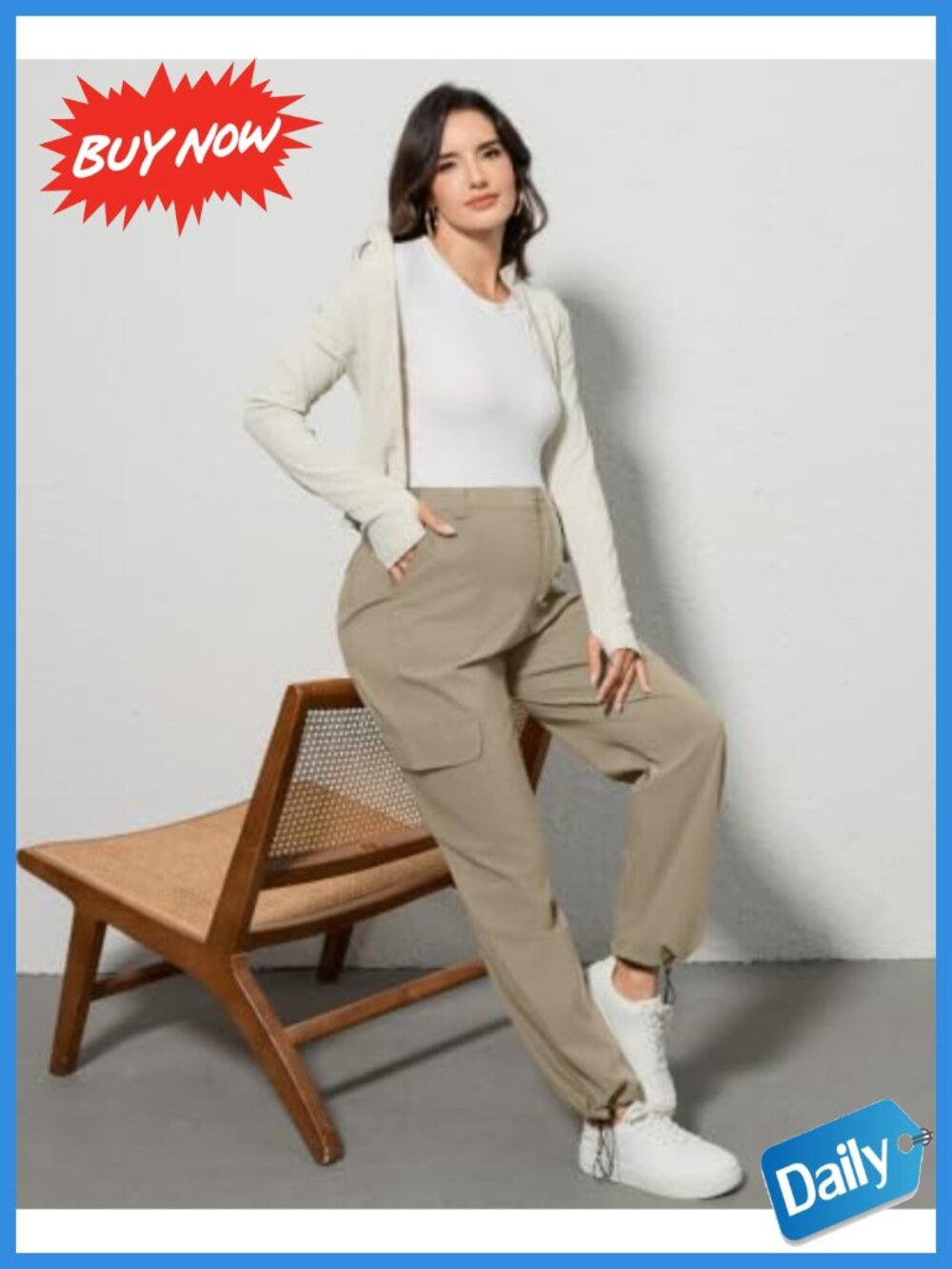 Straight Leg Maternity Cargo Pants Mid Rise Stretch Drawstring Hem - Picture 2 of 6